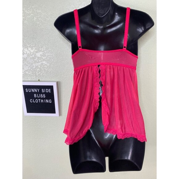 Seven Till Midnight Hot Pink Sheer V Neck  Babydoll With Lace Detailing Size S - Picture 5 of 9